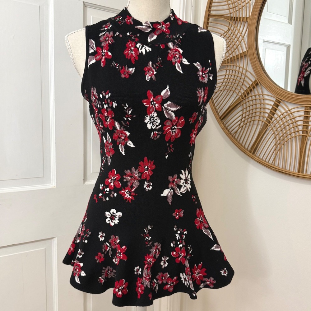 Milly Jacquard Peplum Top S Floral Mock Neck Zip Back Luxury Career Date Night